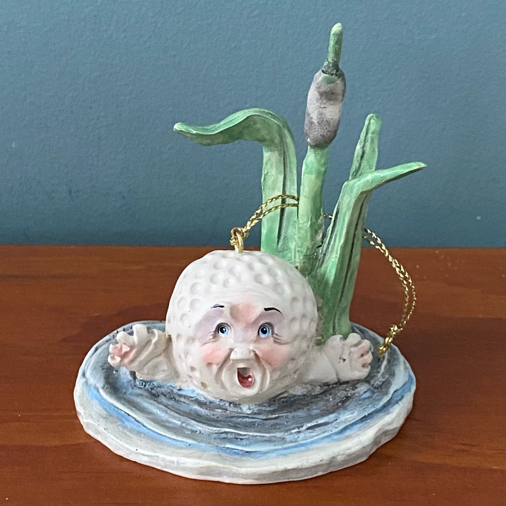 Allyson Nagel Vintage Golf Ball Figurine Falls In Water Cattails Face Ornament